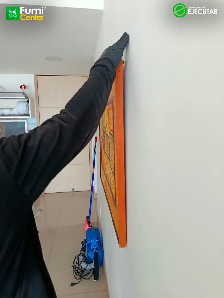 Técnico de FumiCenter revisando y tratando clósets, cocina y áreas de un apartamento en Santa Marta